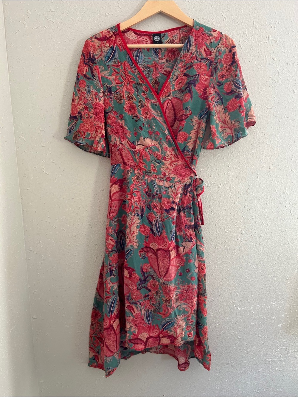 Silk Floral Wrap Dress in Teal and Coral Colorful Lightweight Formal Casual